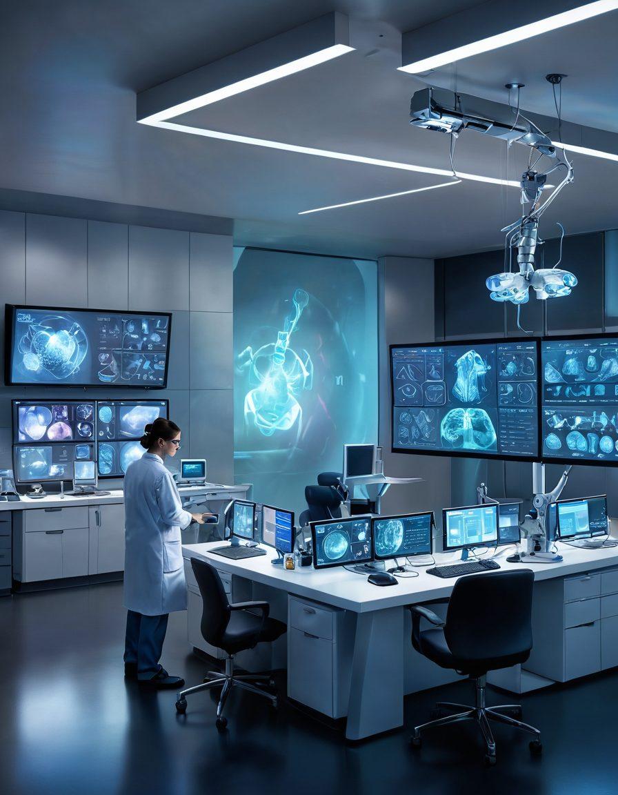 A dynamic illustration showcasing a futuristic oncology laboratory, featuring advanced technology like robotic arms and holographic displays. In the foreground, diverse medical professionals collaborate intensely, analyzing patient data and innovative treatment plans. Surrounding them, vivid representations of cells and DNA strands symbolize breakthroughs in cancer research. The atmosphere is charged with hope and innovation, emphasizing the human touch in high-tech environments. vibrant colors. super-realistic. 3D.