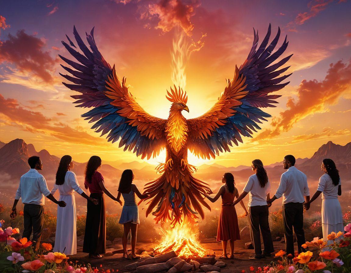 A powerful phoenix rising from the ashes, symbolizing survival and strength, surrounded by diverse individuals holding hands in a supportive circle. The backdrop features a sunset illuminating the sky, representing hope and resilience. Flowers bloom around them, emphasizing community support and healing. super-realistic. vibrant colors. warm tones.